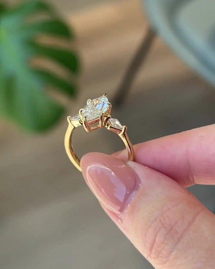 Three stone marquise cut lab grown diamond engagement ring in solid gold, E color VVS2
