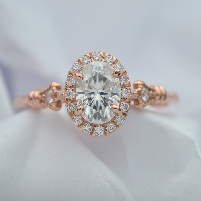 Oval lab grown diamond art deco halo and pave engagement ring
