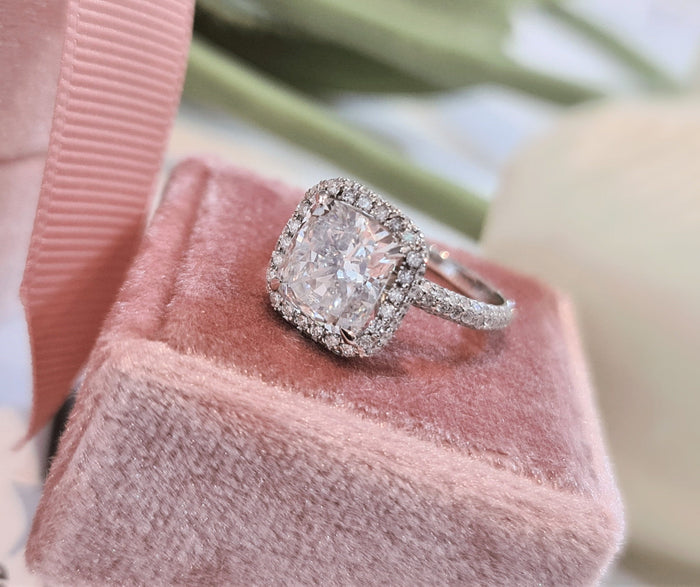 Cushion cut lab grown diamond halo pave engagement ring