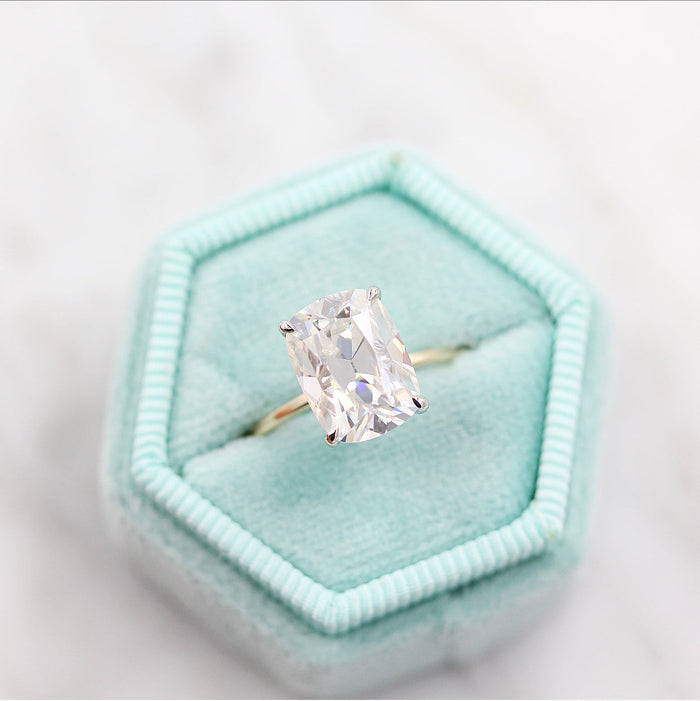 Elongated cushion lab grown diamond solitaire engagement ring