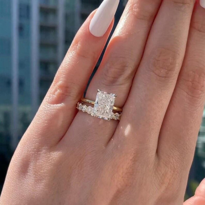 Radiant cut lab grown diamond bridal set angled view