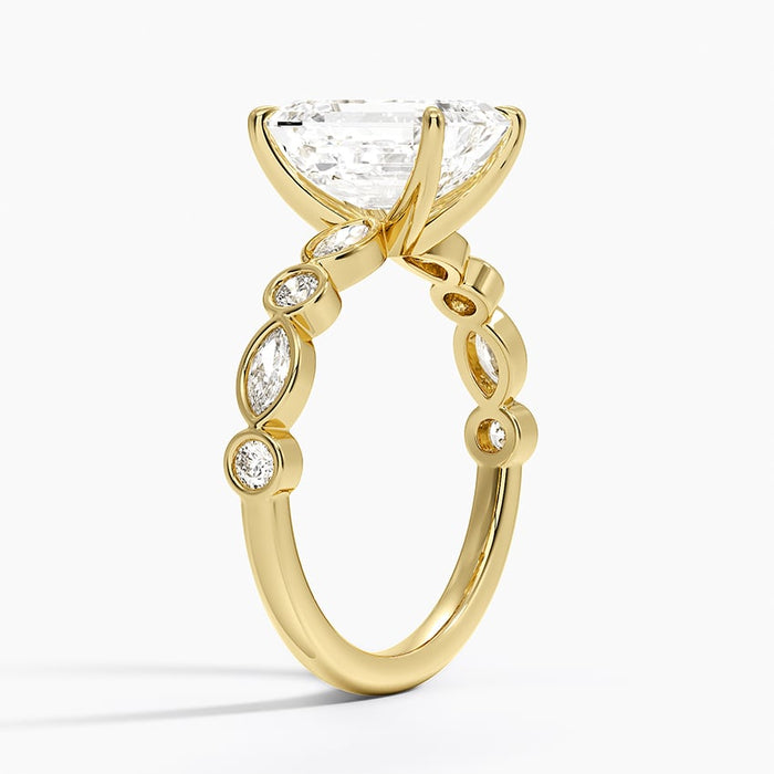 Side profile showing alternating bezel set marquise and round diamonds along the shoulder