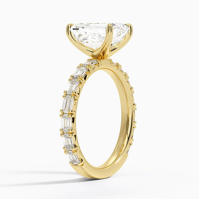 Side profile showing shared prong baguette diamonds running around the band