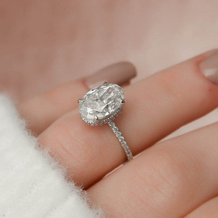 Elongated oval lab grown diamond engagement ring top view