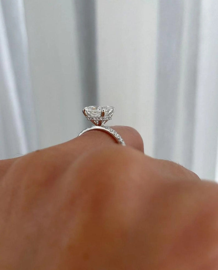 Princess cut lab grown diamond engagement ring with hidden halo and pave band in white gold