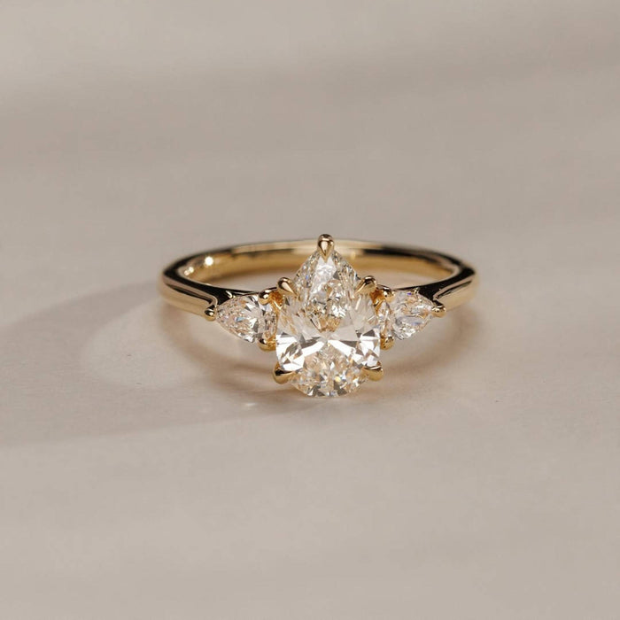 Close up of E color VVS2 pear cut lab grown diamond centre stone