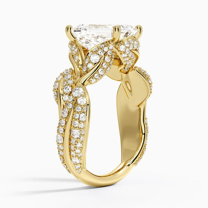 Profile view showing the braided strands of pave diamonds and polished gold along the shank