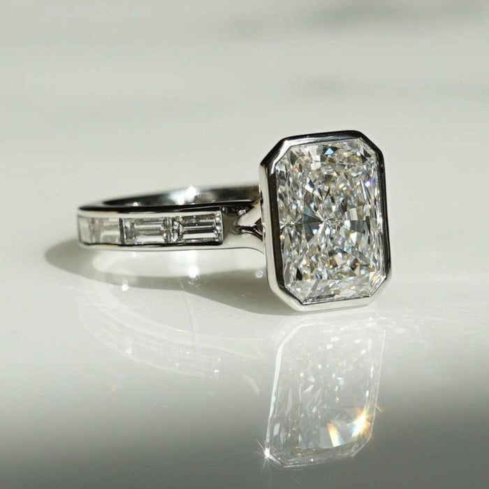 Radiant cut lab grown diamond bezel and baguette channel detail