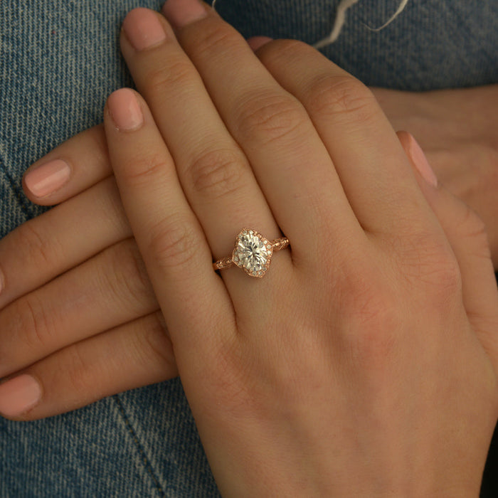 Oval lab grown diamond vintage halo stacking engagement ring