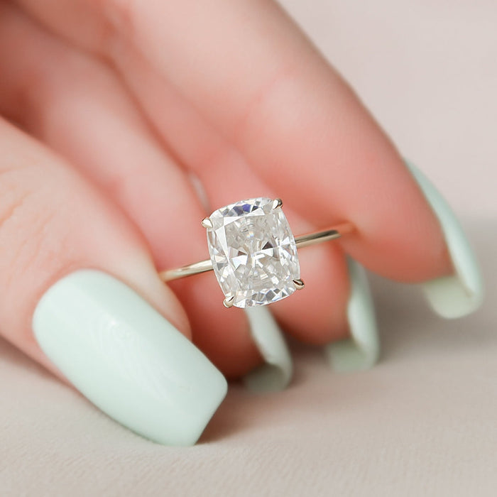 Cushion cut lab grown diamond engagement ring viewed from above