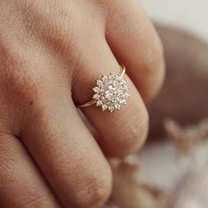 Double halo cluster around the round brilliant lab grown diamond