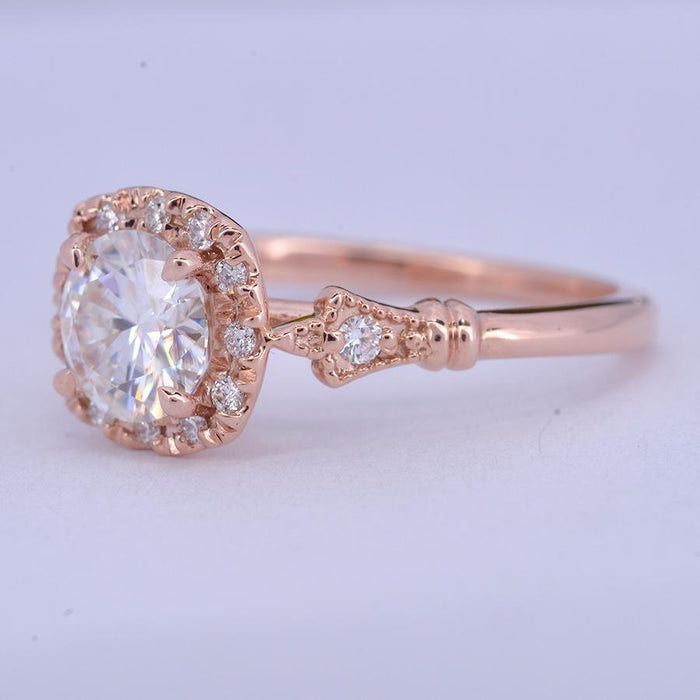 Round lab grown diamond milgrain halo pave engagement ring
