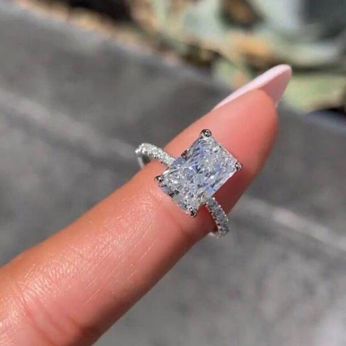 Vintage radiant cut lab grown diamond ring angled view