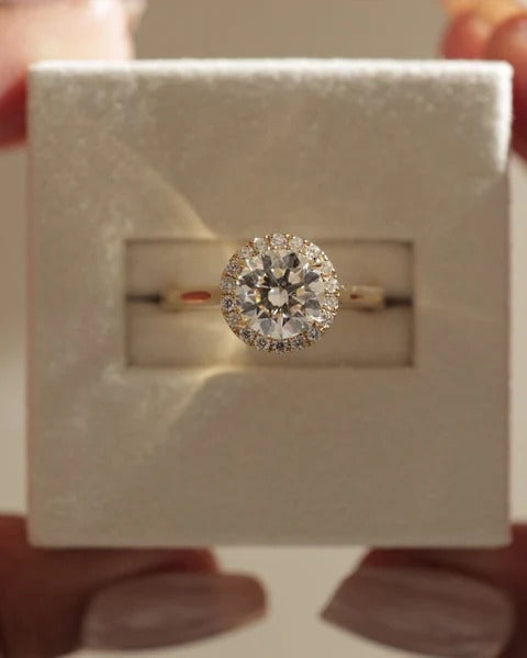 Round cut diamond halo cathedral engagement ring