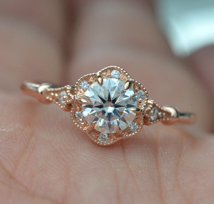 Round lab grown diamond vintage scalloped halo engagement ring