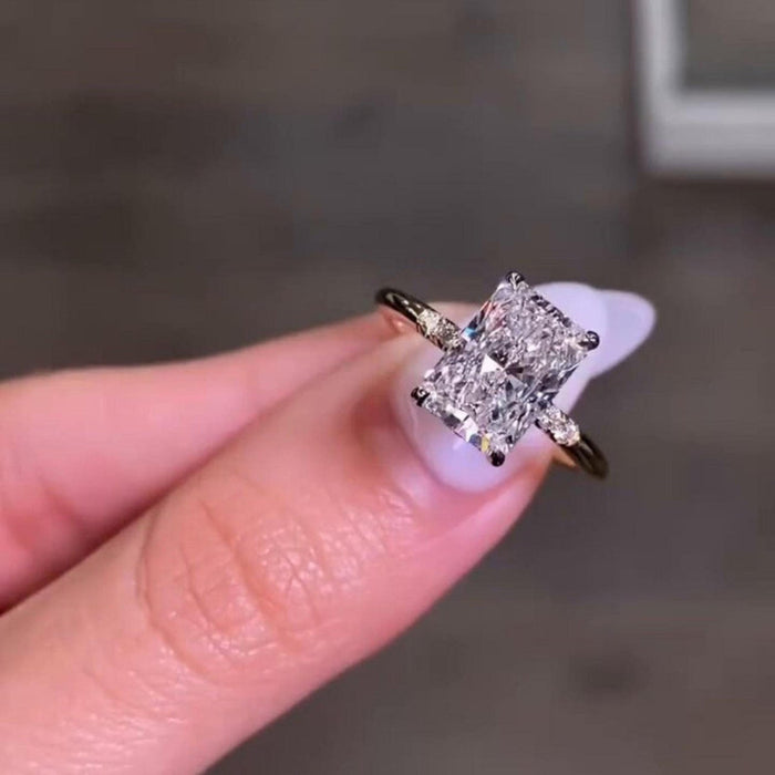 Radiant cut lab grown diamond pave shank ring angled view