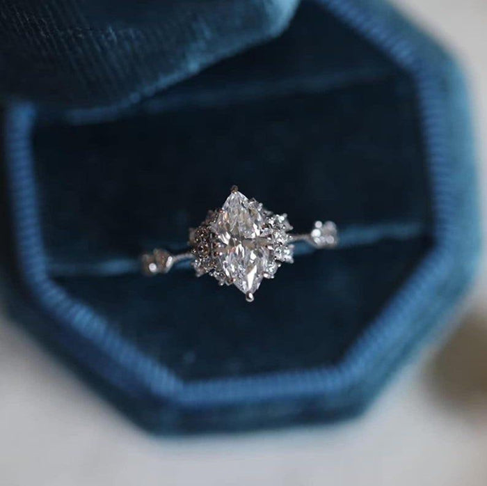 Vintage marquise cut lab grown diamond ring angled view