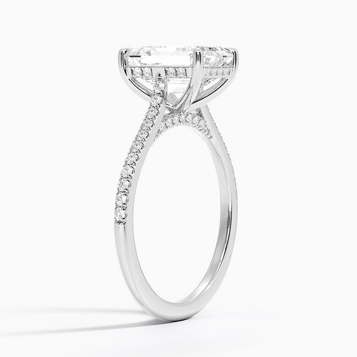 Profile view showing the hidden halo under the stone and micro pave along the shoulder
