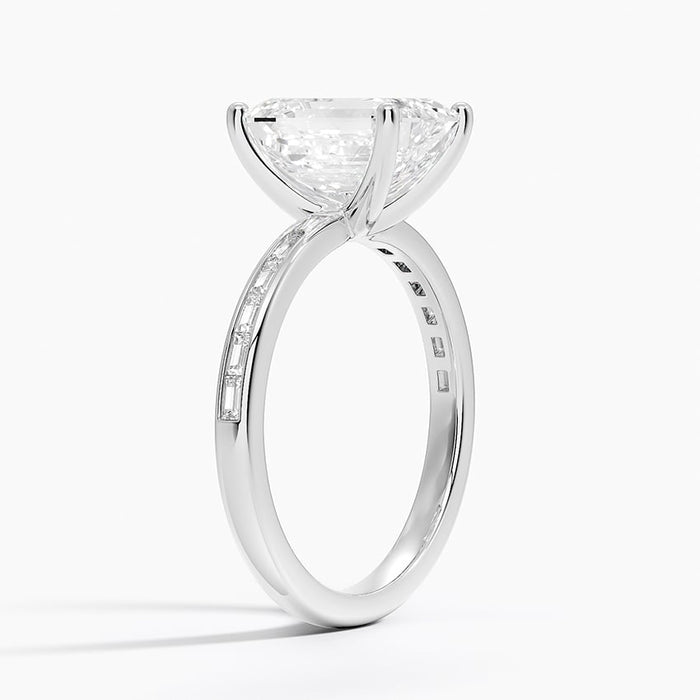 Side profile showing baguette diamonds set flush inside the channel on the shoulder