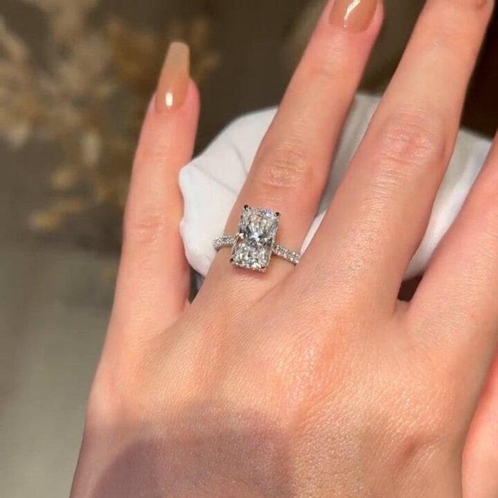 Radiant cut lab grown diamond hidden halo engagement ring with pave setting