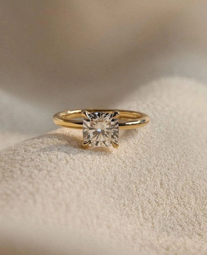 Square cushion cut lab grown diamond solitaire engagement ring in yellow gold