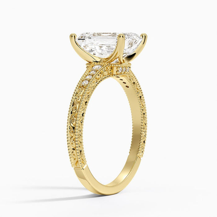 Profile view showing the hand engraved scrollwork along the side of the band