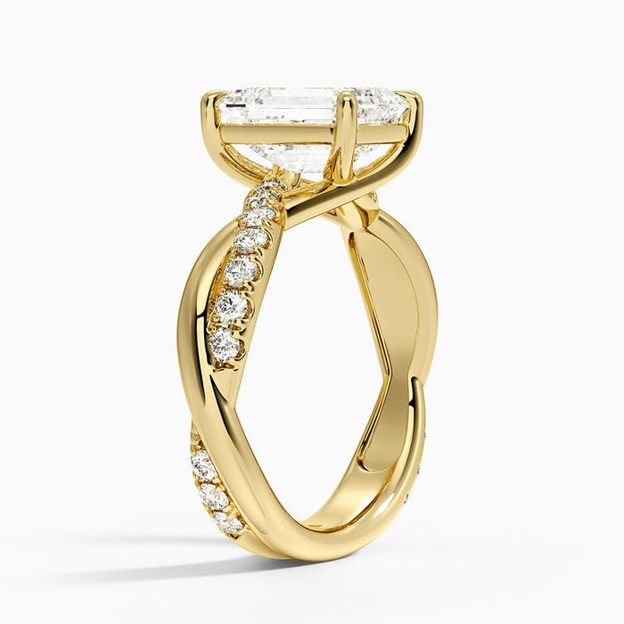 Side profile showing the plain gold strand winding around the diamond set strand