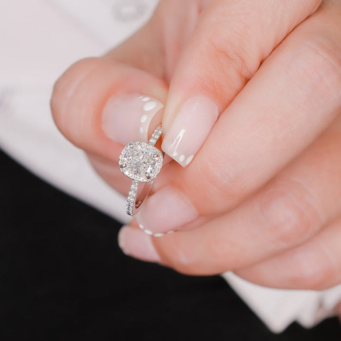 Cushion halo pave band ring front view