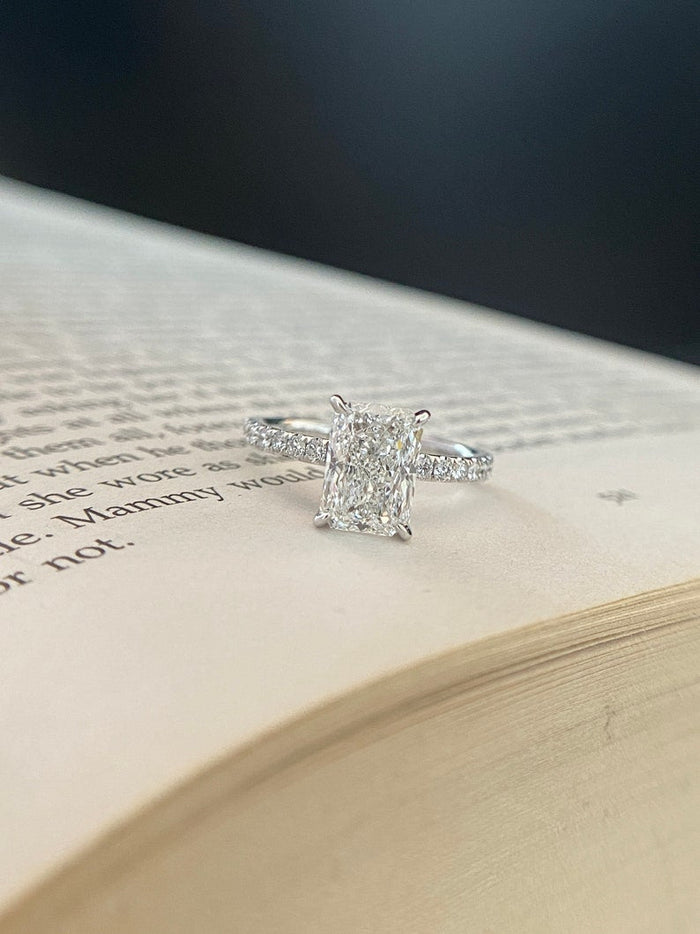 Radiant Cut Moissanite Four Prong Pave Band Engagement Ring 2 CT to 5 CT - side view 2
