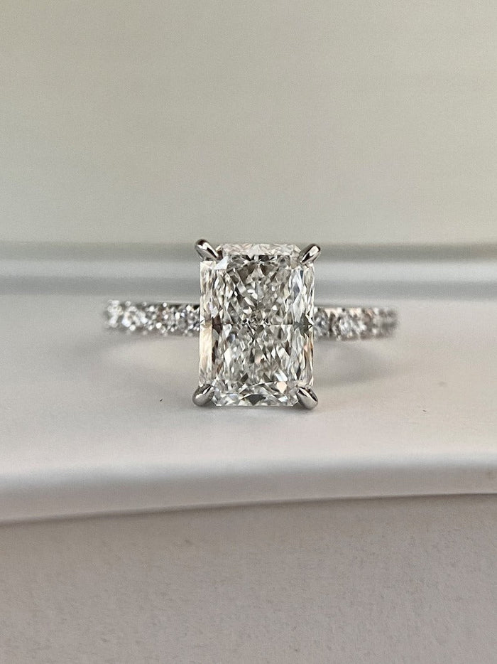 Radiant Cut Moissanite Four Prong Pave Band Engagement Ring 2 CT to 5 CT - front view 1