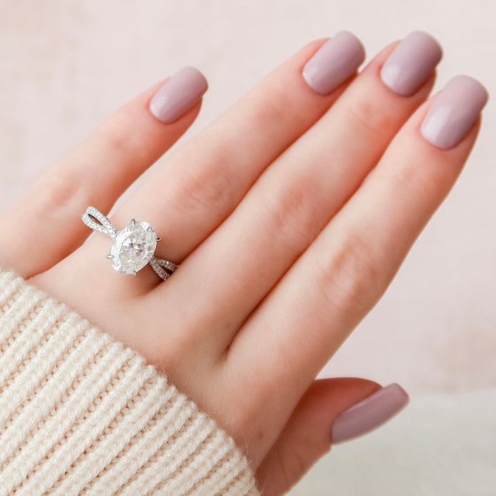 Oval moissanite split shank ring, front view