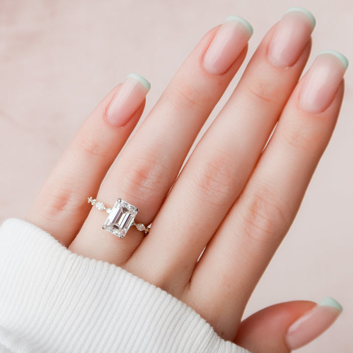 Emerald moissanite hidden halo ring, front view