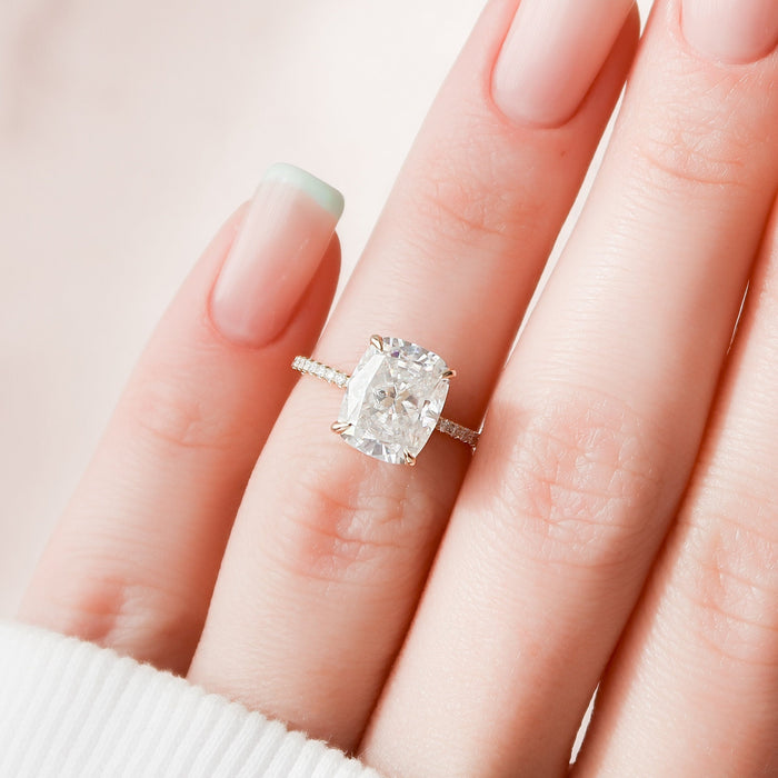 Elongated Cushion Cut Moissanite Pave Band Hidden Halo Engagement Ring 2 CT to 5 CT - view 1