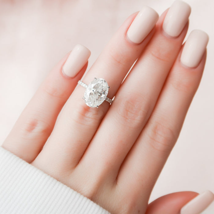 Oval Cut Moissanite Hidden Halo Pave Engagement Ring - side view 2