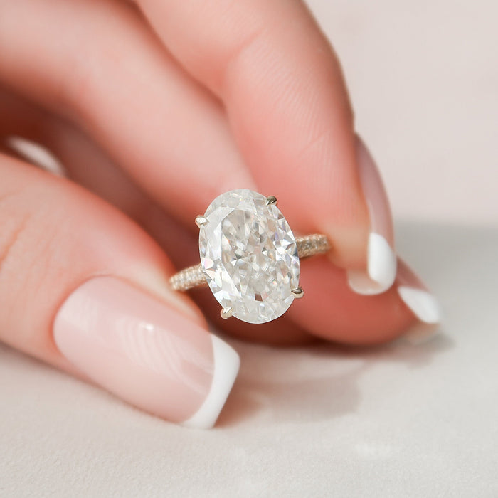 Oval Cut Moissanite Three Side Pave Hidden Halo Engagement Ring 2 CT to 5 CT - view 1