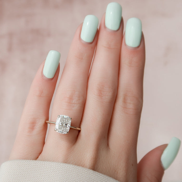 Elongated cushion moissanite ring, front view