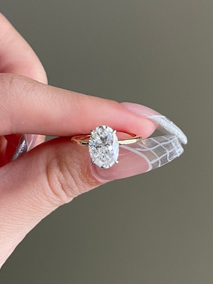 Oval Cut Moissanite Slim Band Hidden Halo Solitaire Engagement Ring 2 CT to 5 CT - view 2