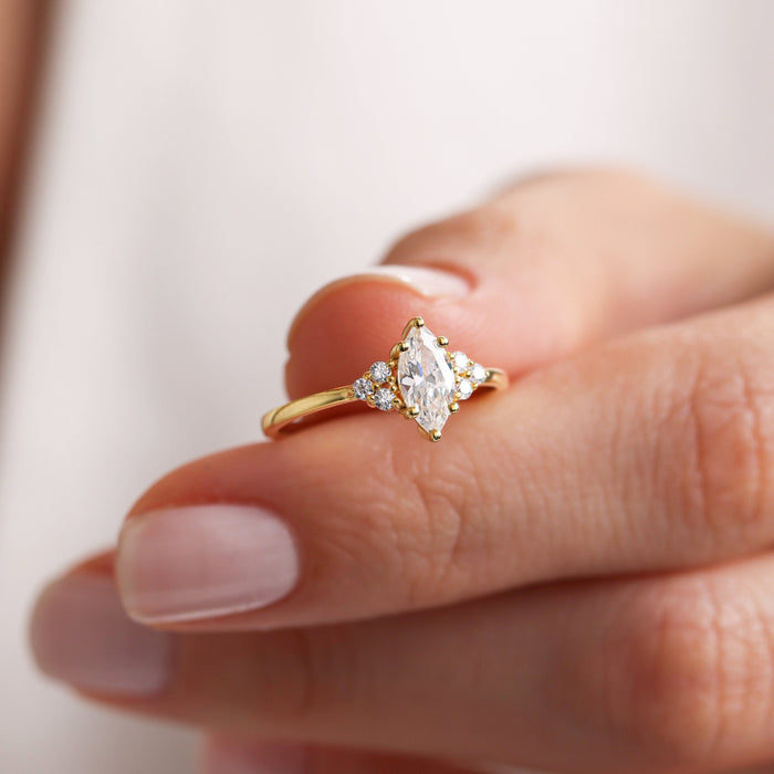 Marquise Cut Moissanite Cluster Engagement Ring - on hand view 1