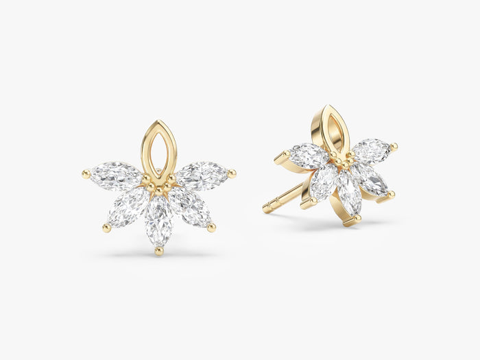 Pair of marquise floral cluster lab grown diamond stud earrings in yellow gold, E color VVS2 lab grown diamonds