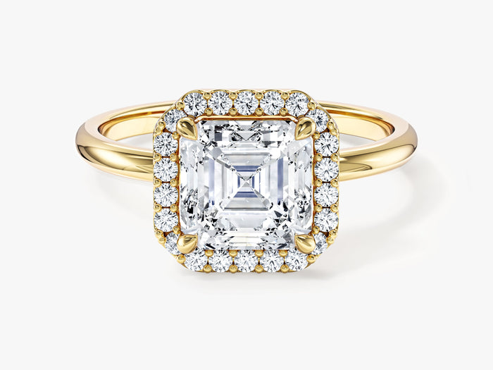 Asscher cut moissanite halo engagement ring with plain band in yellow gold, front view