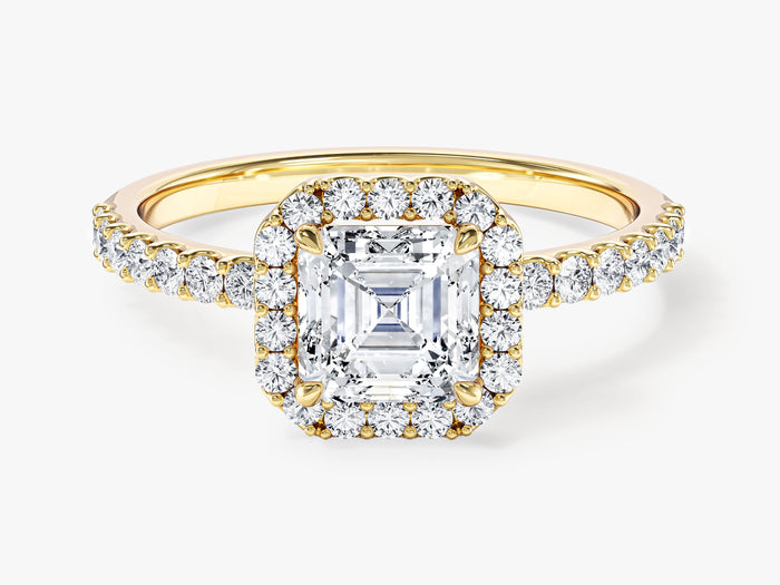 Step cut Asscher moissanite halo engagement ring with micro pave band in 14K yellow gold