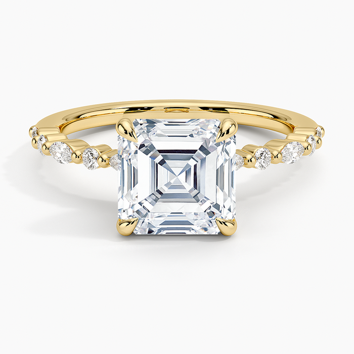 Asscher cut moissanite alternating marquise shoulder ring in yellow gold, top view