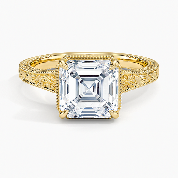Asscher cut moissanite dense acanthus engraved ring in yellow gold, top view