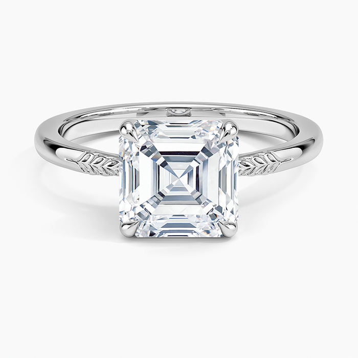 Asscher cut moissanite ring with hand engraved leaf band in white gold, top view