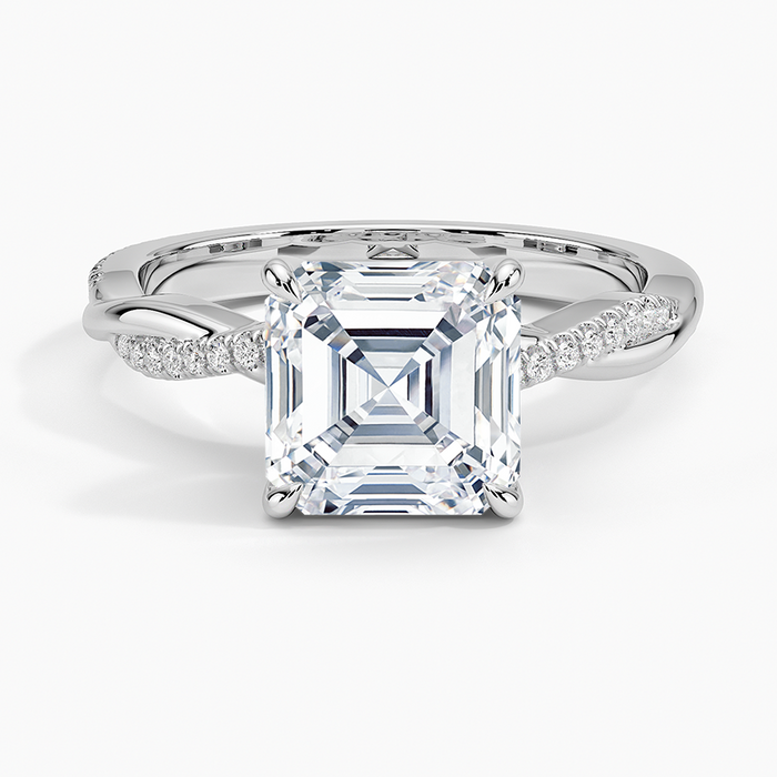 Asscher cut moissanite full circumference twisted pave ring in white gold, top view