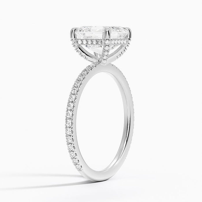 Side view showing pave continuing around the entire band and the hidden halo