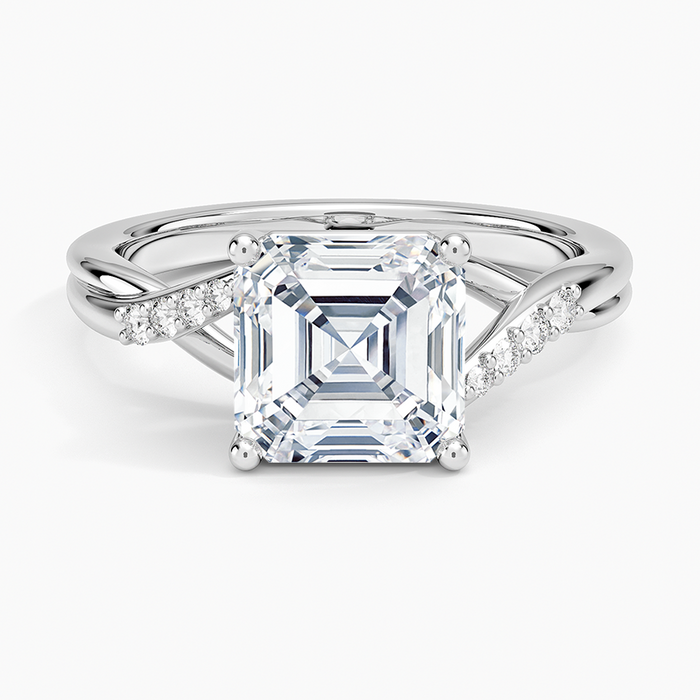 Asscher cut moissanite open crossover pave ring in white gold, top view