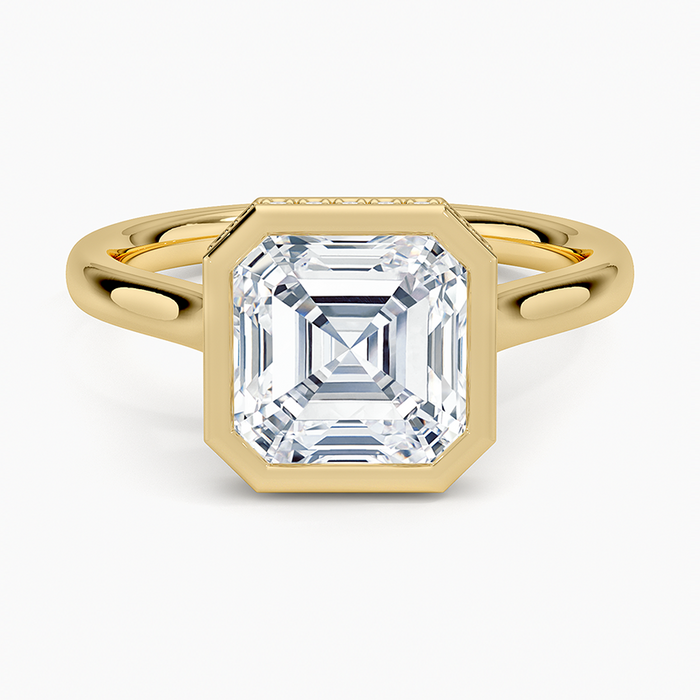 Asscher cut moissanite pave bezel ring with hidden halo in yellow gold, top view