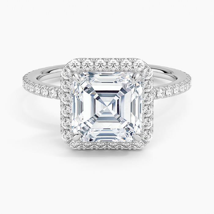 Asscher cut moissanite pave halo ring with pave shoulders in white gold, top view