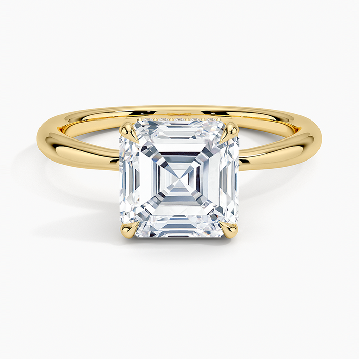 Asscher cut moissanite plain band hidden halo ring in yellow gold, top view